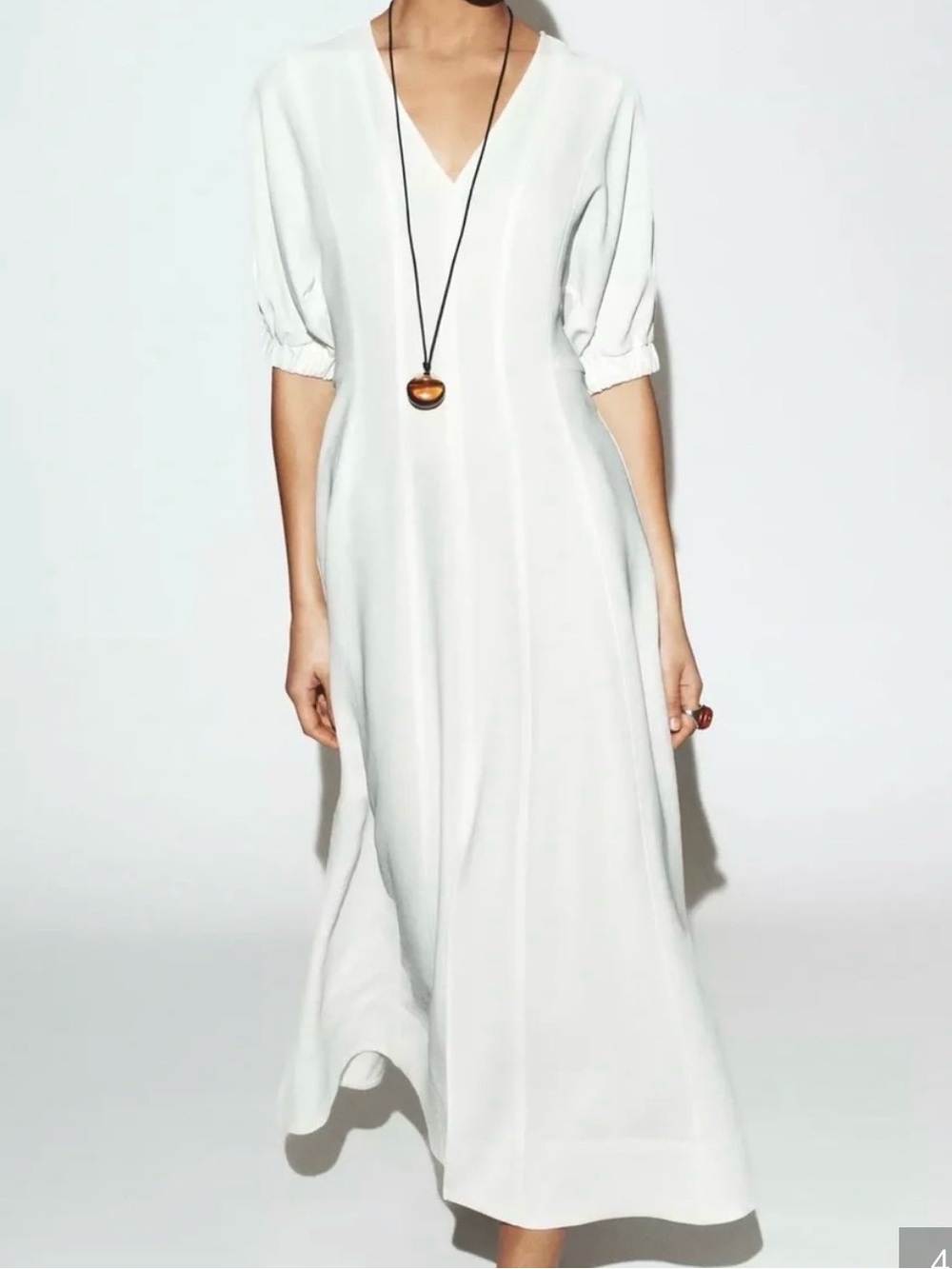 Zara White Balloon Sleeve V-Neck Midi Dress in Small